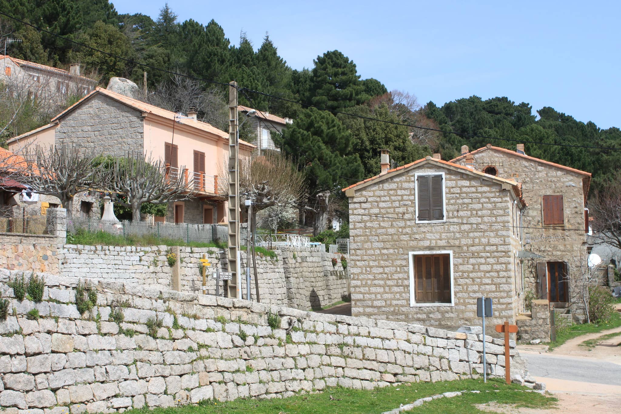 Paysage du village de l'Ospédale en Corse. Rue avec maisons en pierre. Présence d'arbres.