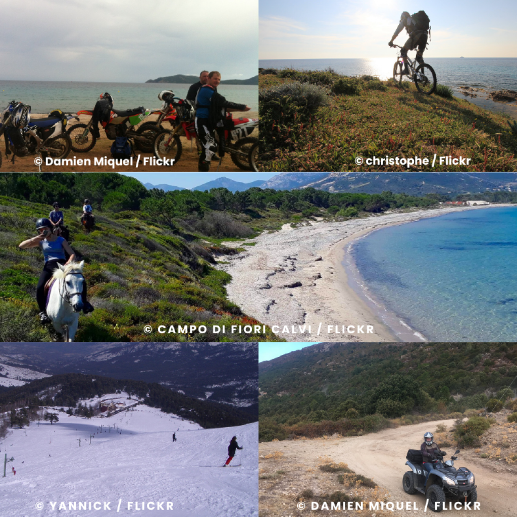 Assemblage de photos représentant des types de randonnées à faire en Corse.