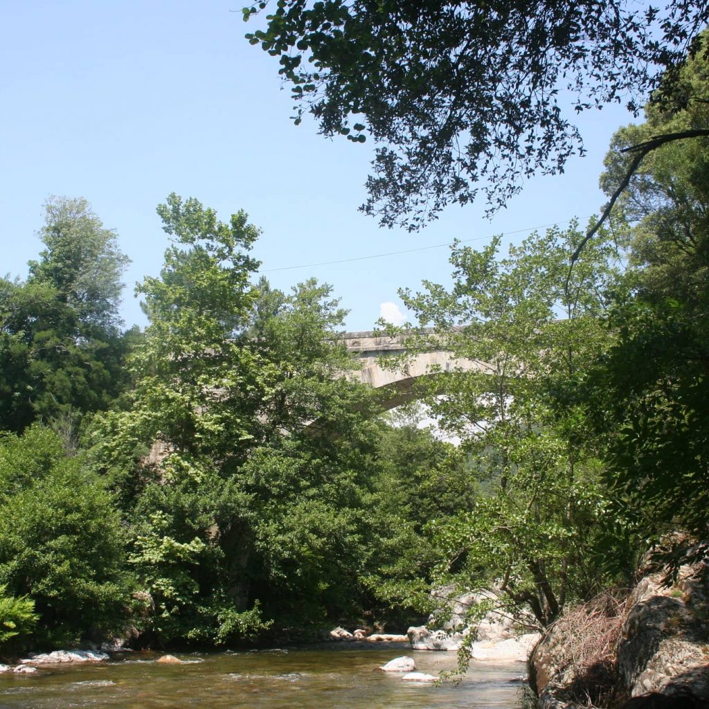 Feuilles d’arbres recouvrant un pont génois qui se situe sur le cours d’eau. Présence de rochers dans et sur les côtés du fleuve.